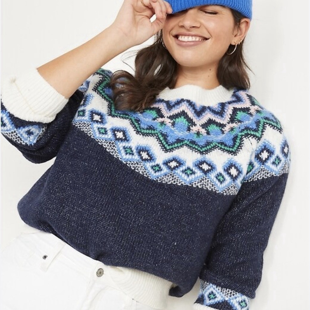 OLD NAVY Crew Neck Fair Isle Sweater Blue & Cream Size Medium - Picture 7 of 7